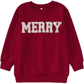 CM C&M WODRO Kids Girl Christmas Sweatshirt Merry Shirt Long Sleeve Chenille Patch Xmas Holiday Crewneck Pullover Top 7-12Y