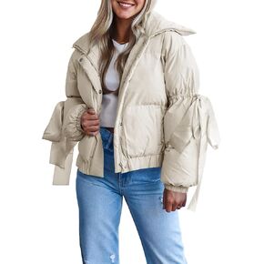 Tankaneo Womens Bow Puffer Jacket Winter Warm Cropped Quilted Jackets Baggy Short Down Coats