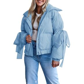 Tankaneo Womens Bow Puffer Jacket Winter Warm Cropped Quilted Jackets Baggy Short Down Coats