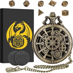 Mini DND Dice Set with Steampunk Hollow Gear Pocket Watch Shell Case, 7pcs Polyhedral Metal D&D Dice, DND Gifts with Gift Box for DND Fans, Role Playing Board Games Accessories