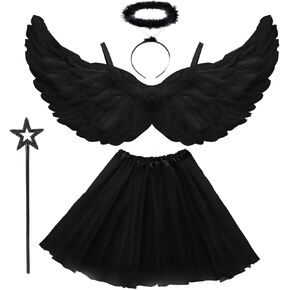 Angel Costume Wings for Adult Women, Feather Wings Tutu White Halo Headband Fairy Wand Halloween Cosplay Party