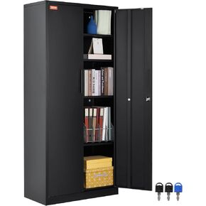 VEVOR Metal Storage Cabinet, Steel Locking Storage Cabinet with 2 Magnetic Doors and 4 Adjustable Shelves, 71'' Metal Cabinet 200 lbs Capacity per Shelf with 3 Keys, for Office, Home, Garage, Black