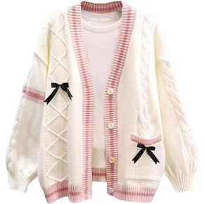 FindThy Women’s Kawaii JK School Uniform Cardigans Long Sleeve Button Up Cardigan with Pinned Bowknot