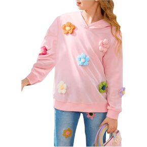 Floerns Girl's 3D Flower Hooded Sweatshirt Long Sleeve Drop Shoulder Pullover Top