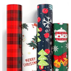 JinhzWin 4 Rolls Christmas Wrapping Papers, Large Roll Christmas Party Favors with Snowflakes, Reindeer, Plaid, Christmas Ball and Christmas Tree Design (30 Inch X 16.4 Feet Per Roll)
