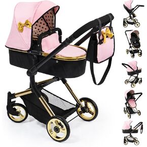 Bayer Design Dolls: Pram Neo Vario - Pink, Black, Gold - Accessory for Dolls Up to 20", Shoulder Bag, Converts to Stroller, Kids Toy, Ages 3+