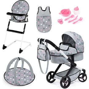Bayer Design Dolls: Xeo 11 Piece Set - Grey, Pink, Stars - Pram, High Chair, Play Gym, Handbag & Accessories for Dolls Up to 18", Kids Toy, Ages 3+
