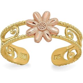 IceCarats 14K Solid Two Tone Gold Flower Adjustable Toe Ring Open Midi Band Summer Beach Jewelry