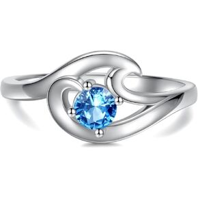 925 Sterling Silver Wave Ring with Blue Cubic Zirconia Ocean Sea Beach Jewelry for Women