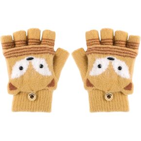 Kids Convertible Flip Top Gloves Children Winter Warm Knitted Fingerless Mittens for Boys Girls 6-10 Years Old