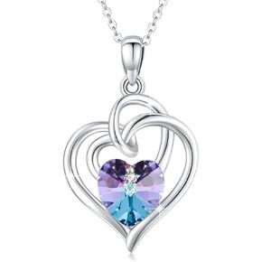 Heart Birthstone Necklace for Women 925 Sterling Silver Birthstone Necklace Double Heart Austrian Crystal Pendant Anniversary Birthday Jewelry Gifts for Her Girls Mom Wife Mother's Day