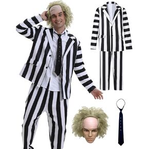 5 Pcs Men's Beetle 2024 Movie Juice Black and White Striped Suit Halloween Cosplay Costume Accessory Set