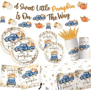 Little Pumpkin Baby Shower Decorations, 142pcs A Sweet Little Pumpkin Is On The Way Banner Pumpkin Plates and Napkins Boy Blue Truck Boho Thanksgiving Fall Gender Reveal Baby Shower Party Supplies