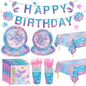 147PCS Mermaid Birthday Decorations, Mermaid Party Supplies Mermaid Theme Birthday Decorations Includes Mermaid Plates and Napkins Cups Tablecloth Banner for Kids Girls Ocean Party Supplies, Serves 24