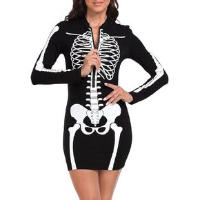 Skeleton Costume Adult Women for Halloween Costumes Stretchy Long Sleeve Front Zipper Dress.