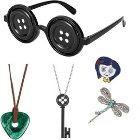 Halloween Cosplay Costume Accessories, Coraline Movie Prop Glasses, Key Pendant Necklace, Seeing Stone, Necklace, Brooch, Dragonfly Hair Clips, Halloween Christmas Gift for Women Men and Fans