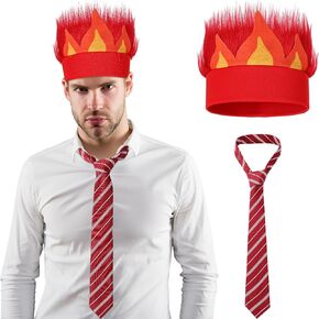 Tradder 2 Pcs Halloween Angry Costume Set Includes Flame Wig Hat Hairy Headband Red Textured Tie Hair Costume Accessories for Halloween Cosplay Party Supplies Adults