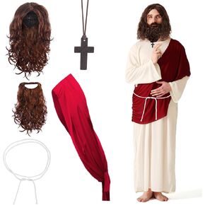 Yewong 4 Pieces Adult Jesus Costume Accessories Set - Jesus Beard and Wig, Shawl, Waist Rope and Cross Necklace for Halloween Jesus Christ Cosplay
