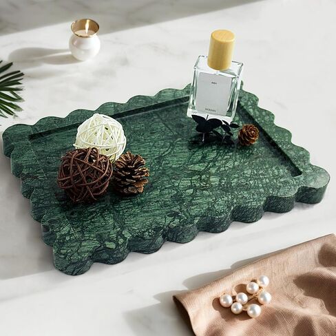 Genuine 100% Indian Green Scalloped Marble Tray, Real Natural Marble Stone Trays, Luxury Marble Decorative Trays for Bathroom, Dresser, Vanity, Home Decor, 10.6" x 8", Dark Emerald Green in Saudi Arabia