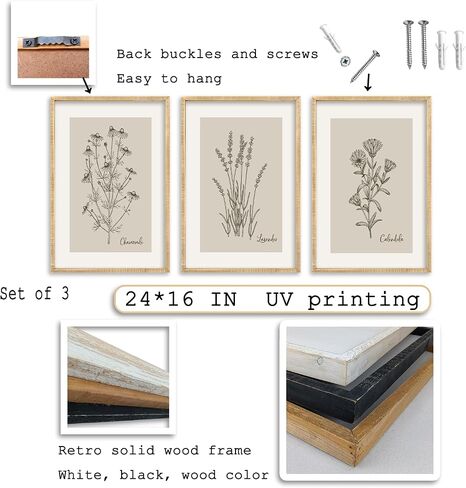 Set Of 3 Vintage Antique Garden Wildflowers Wall Art Decor 24x16 Inch Rustic Wood Framed Family Living Room Floral Sign Modren Nature Flower Home Pictures Botanical Wall Hanging (Wood) in Saudi Arabia