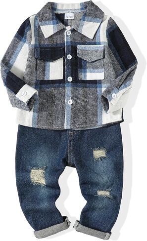 Renotemy Toddler Baby Boy Clothes Outfits Baby Boy Plaid Sweatsuit Jeans Denim Fall Winter Pants Set Toddler Clothes For Boys in Kuwait