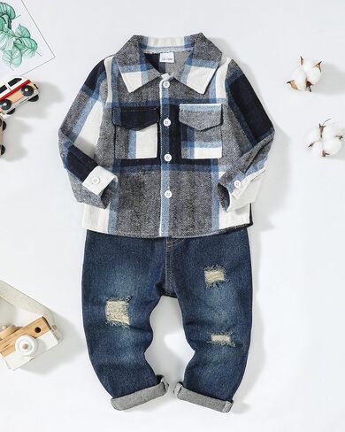 Renotemy Toddler Baby Boy Clothes Outfits Baby Boy Plaid Sweatsuit Jeans Denim Fall Winter Pants Set Toddler Clothes For Boys in Kuwait