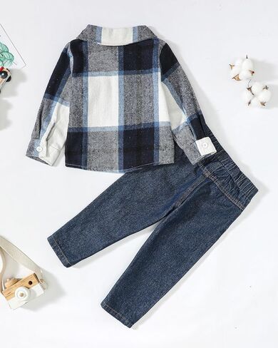 Renotemy Toddler Baby Boy Clothes Outfits Baby Boy Plaid Sweatsuit Jeans Denim Fall Winter Pants Set Toddler Clothes For Boys in Kuwait