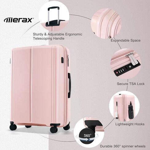 مجموعة حقائب سفر صلبة مكونة من 3 قطع من Merax بعجلات دوارة مع قفل TSA، وردي فاتح، 20/24/28 بوصة in Kuwait