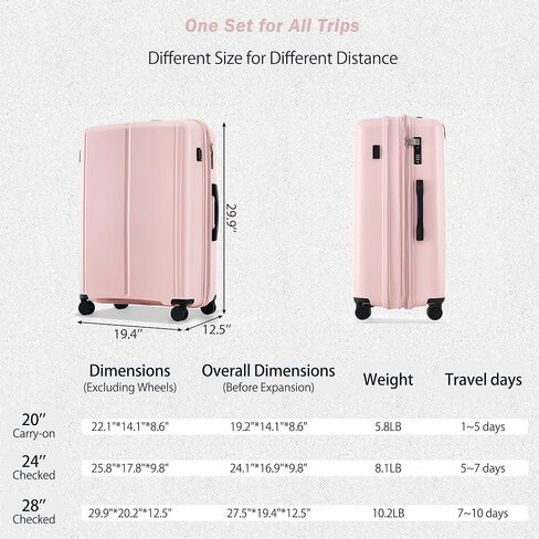 مجموعة حقائب سفر صلبة مكونة من 3 قطع من Merax بعجلات دوارة مع قفل TSA، وردي فاتح، 20/24/28 بوصة in Kuwait