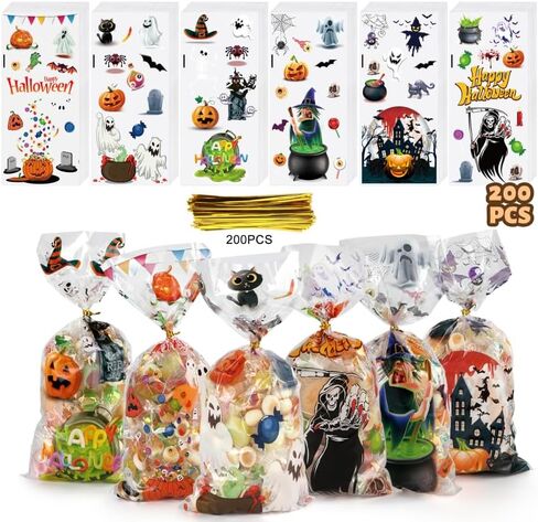 أكياس حلوى الهالوين من SHTALHST، 200 قطعة (4.9 بوصة × 10.8 بوصة) أكياس حلوى السيلوفان للهالوين، أكياس حلوى الهالوين بتصميمات ممتعة ولطيفة، ديكورات حفلات الهالوين، أكياس حلوى مخيفة in Kuwait