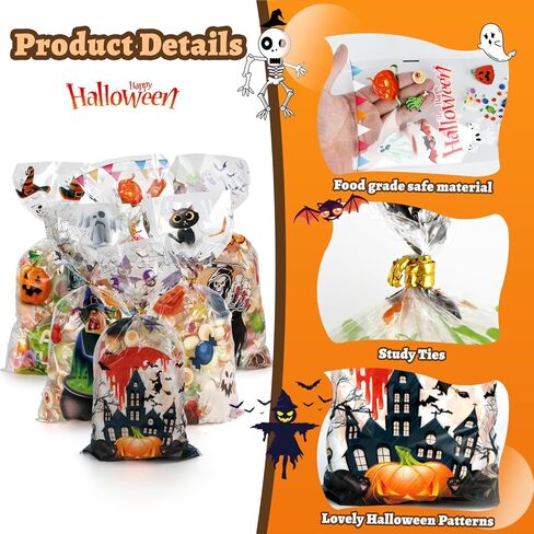أكياس حلوى الهالوين من SHTALHST، 200 قطعة (4.9 بوصة × 10.8 بوصة) أكياس حلوى السيلوفان للهالوين، أكياس حلوى الهالوين بتصميمات ممتعة ولطيفة، ديكورات حفلات الهالوين، أكياس حلوى مخيفة in Kuwait
