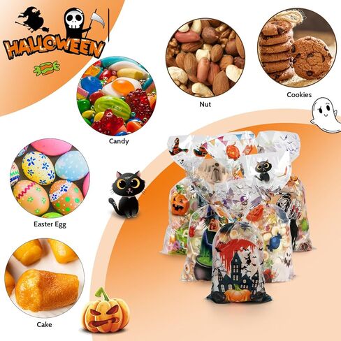 أكياس حلوى الهالوين من SHTALHST، 200 قطعة (4.9 بوصة × 10.8 بوصة) أكياس حلوى السيلوفان للهالوين، أكياس حلوى الهالوين بتصميمات ممتعة ولطيفة، ديكورات حفلات الهالوين، أكياس حلوى مخيفة in Kuwait