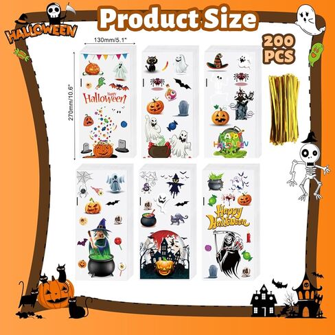 أكياس حلوى الهالوين من SHTALHST، 200 قطعة (4.9 بوصة × 10.8 بوصة) أكياس حلوى السيلوفان للهالوين، أكياس حلوى الهالوين بتصميمات ممتعة ولطيفة، ديكورات حفلات الهالوين، أكياس حلوى مخيفة in Kuwait