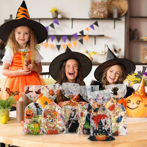 أكياس حلوى الهالوين من SHTALHST، 200 قطعة (4.9 بوصة × 10.8 بوصة) أكياس حلوى السيلوفان للهالوين، أكياس حلوى الهالوين بتصميمات ممتعة ولطيفة، ديكورات حفلات الهالوين، أكياس حلوى مخيفة in Kuwait