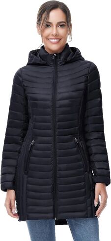 SLOW DOWN Women Ultra Light Down Jacket Packable Puffer Jacket Coat Hooded Mid Length Winter Outwear in Kuwait