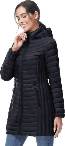 SLOW DOWN Women Ultra Light Down Jacket Packable Puffer Jacket Coat Hooded Mid Length Winter Outwear in Kuwait