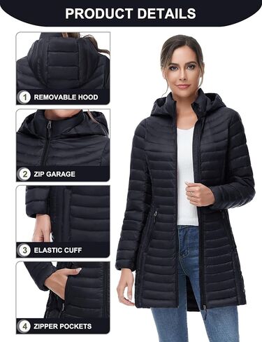 SLOW DOWN Women Ultra Light Down Jacket Packable Puffer Jacket Coat Hooded Mid Length Winter Outwear in Kuwait
