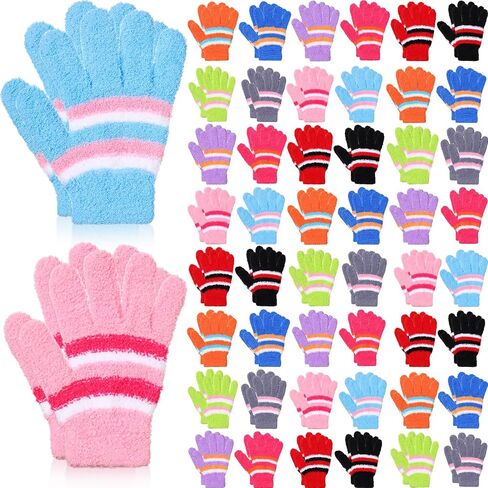 Crowye 50 Pairs Kid Gloves Bulk Winter Full Fingers Gloves Knitted Fleece Warm Gloves Colorful Fluffy Stripe Stretchy Gloves in Kuwait