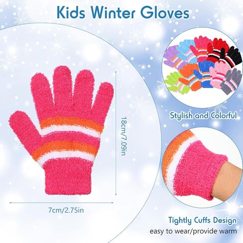 Crowye 50 Pairs Kid Gloves Bulk Winter Full Fingers Gloves Knitted Fleece Warm Gloves Colorful Fluffy Stripe Stretchy Gloves in Kuwait
