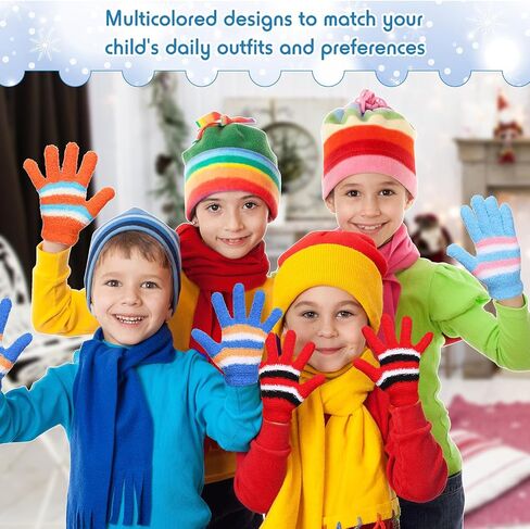 Crowye 50 Pairs Kid Gloves Bulk Winter Full Fingers Gloves Knitted Fleece Warm Gloves Colorful Fluffy Stripe Stretchy Gloves in Kuwait