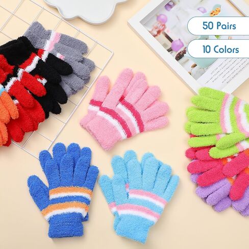 Crowye 50 Pairs Kid Gloves Bulk Winter Full Fingers Gloves Knitted Fleece Warm Gloves Colorful Fluffy Stripe Stretchy Gloves in Kuwait