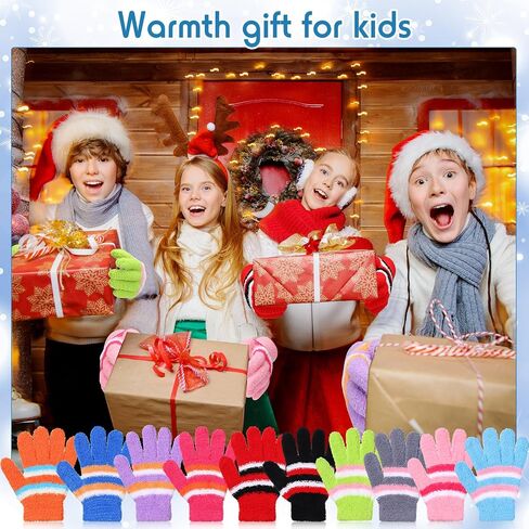 Crowye 50 Pairs Kid Gloves Bulk Winter Full Fingers Gloves Knitted Fleece Warm Gloves Colorful Fluffy Stripe Stretchy Gloves in Kuwait