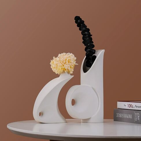 Modern White Ceramic Vase Set of 2 - Elegant Irregular Shape for Pampas Grass, Boho Nordic Minimalism Style - Perfect for Home Decor, Weddings, and Office in Saudi Arabia