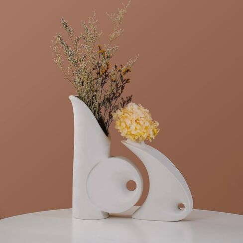 Modern White Ceramic Vase Set of 2 - Elegant Irregular Shape for Pampas Grass, Boho Nordic Minimalism Style - Perfect for Home Decor, Weddings, and Office in Saudi Arabia