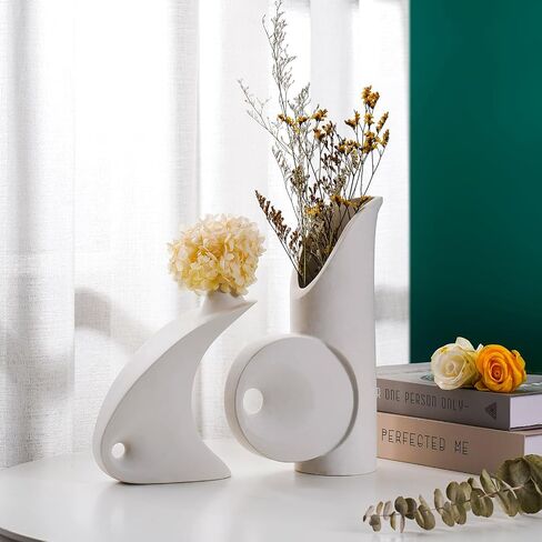 Modern White Ceramic Vase Set of 2 - Elegant Irregular Shape for Pampas Grass, Boho Nordic Minimalism Style - Perfect for Home Decor, Weddings, and Office in Saudi Arabia