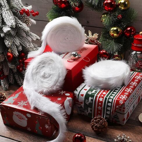 4 Rolls Christmas White Faux Fur Ribbon Trim Artificial Fur Fabric Roll Holiday Craft for Christmas Tree, Holiday Garland Winter Wreath Bows Clothing Party Embellishment (2 Inches x 4 Yards) in Kuwait