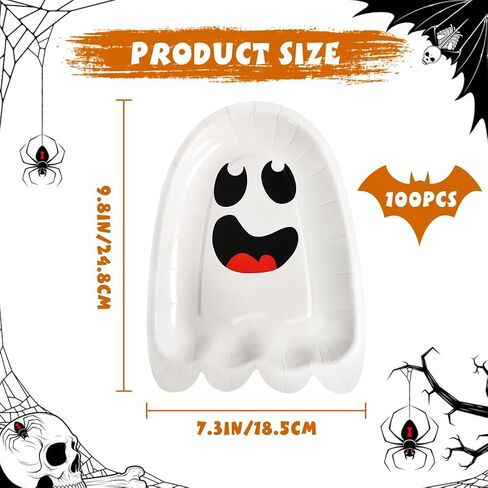 100 قطعة من أطباق ورق الهالوين، أطباق شبح بيضاء لطيفة للاستعمال مرة واحدة، أطباق شبح مزخرفة بالرسوم المتحركة لمستلزمات حفلات عيد الهالوين وأعياد الميلاد in Kuwait