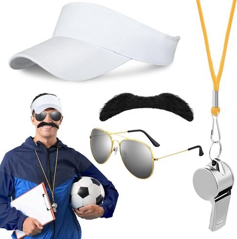 Mepase 4 Pcs Halloween Soccer Coach Costume Accessories Include Visor Hat Fake Mustache Sunglasses Whistle for Adults Halloween Cosplay Party in Saudi Arabia