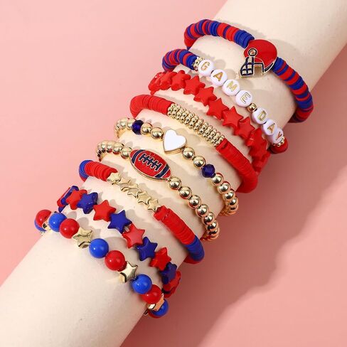 9 Pack Football Game Day Outfits Stuff Bracelets, Football Accessories Heishi Beaded Stretch Bracelets, Football Merchandise Gifts for Football Lover Fans, Christmas Gifts Jewelry Sets in Saudi Arabia