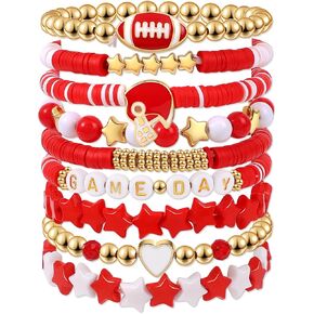 9 Pack Football Game Day Outfits Stuff Bracelets, Football Accessories Heishi Beaded Stretch Bracelets, Football Merchandise Gifts for Football Lover Fans, Christmas Gifts Jewelry Sets